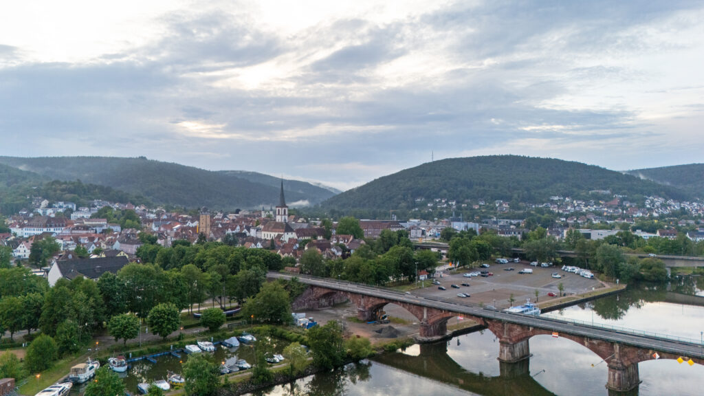 Veduta aerea di Lohr am Main con l'Alte Mainbrücke in primo piano e il centro storico incorniciato da colline boscose.