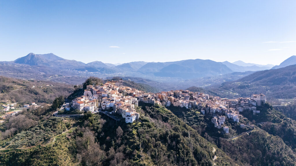 Drone view of Rivello in southern Italy – a medieval hilltop village set amid the mountains of Basilicata
