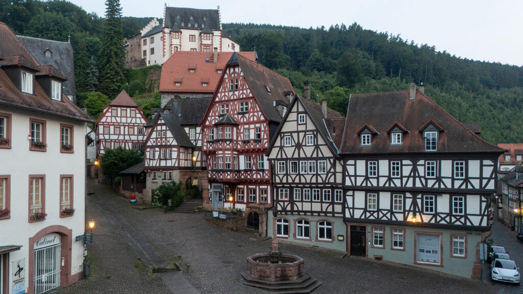 Half-timbered houses surrounding the historic market square of Miltenberg in Lower Franconia, Germany