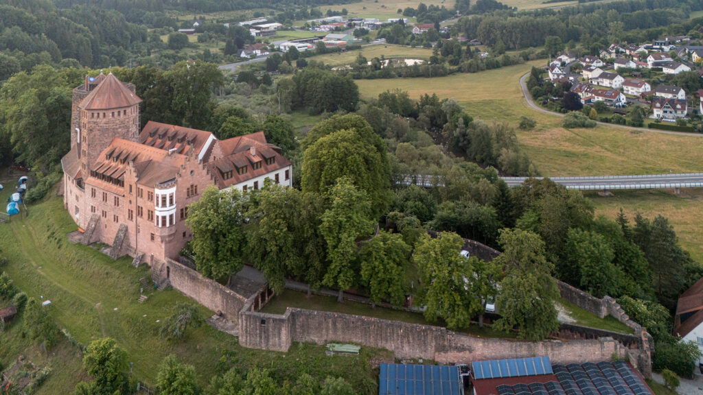 Aerial view of Rieneck Castle, one of the castles in Lower Franconia, Bavaria, Germany