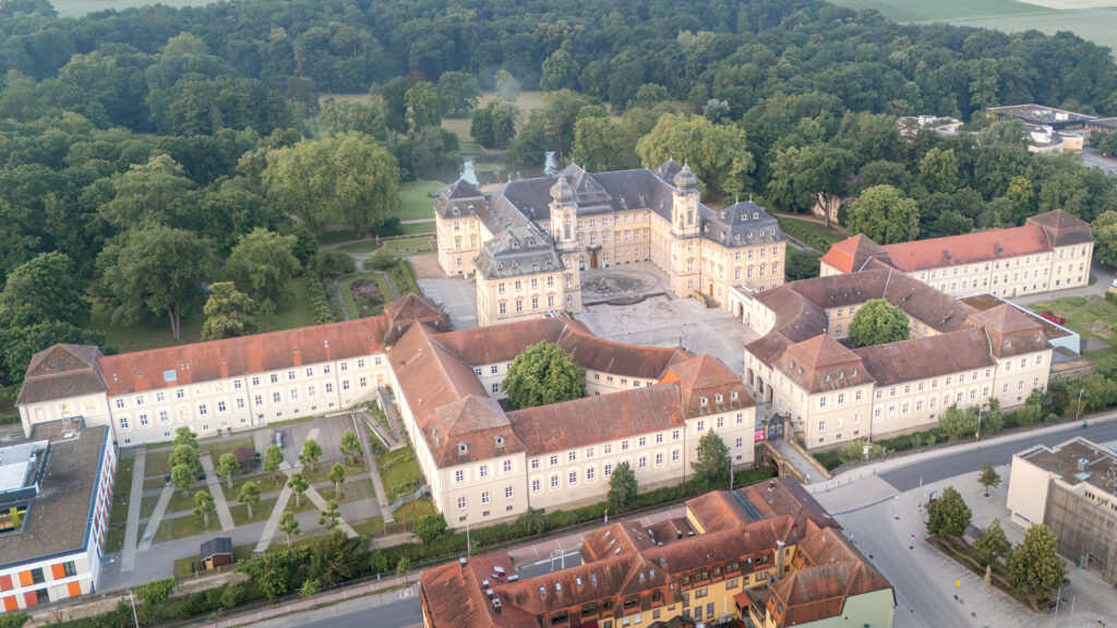 Aerial view of the baroque Werneck Palace complex in Lower Franconia, Bavaria, Germany